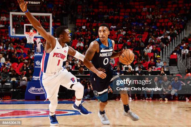 Jeff Teague of the Minnesota Timberwolves handles the ball against the Detroit Pistons on October 25, 2017 at Little Caesars Arena in Detroit,...