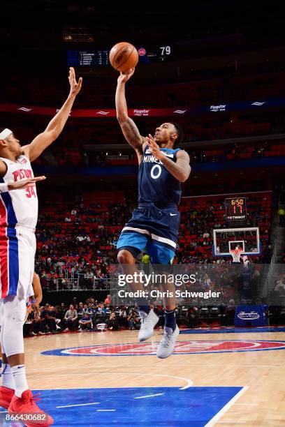 Jeff Teague of the Minnesota Timberwolves shoots the ball against the Detroit Pistons on October 25, 2017 at Little Caesars Arena in Detroit,...