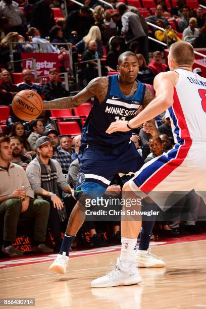 Jamal Crawford of the Minnesota Timberwolves handles the ball against the Detroit Pistons on October 25, 2017 at Little Caesars Arena in Detroit,...