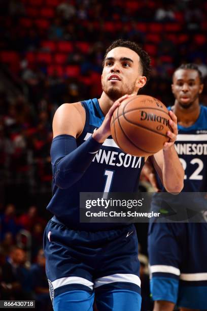 Tyus Jones of the Minnesota Timberwolves shoots the ball against the Detroit Pistons on October 25, 2017 at Little Caesars Arena in Detroit,...