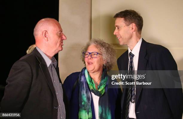 Shareholder activist Stephen Mayne , Alliance spokesman Tim Costello ( and recovering poker addict Anna Bardsley talk after attending the Crown...