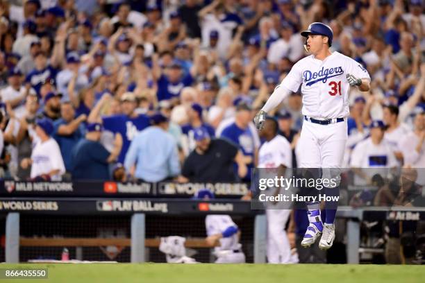 Joc Pederson of the Los Angeles Dodgers celebrates after hitting a solo home run during the fifth inning against the Houston Astros in game two of...