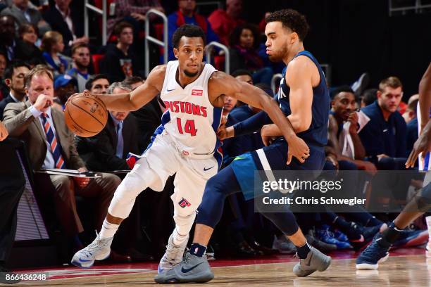 Ish Smith of the Detroit Pistons handles the ball against the Minnesota Timberwolves on October 25, 2017 at Little Caesars Arena in Detroit,...