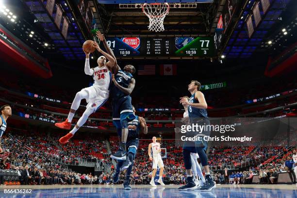 Tobias Harris of the Detroit Pistons drives to the basket against the Minnesota Timberwolves on October 25, 2017 at Little Caesars Arena in Detroit,...