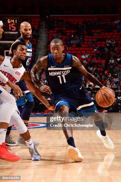 Jamal Crawford of the Minnesota Timberwolves handles the ball against the Detroit Pistons on October 25, 2017 at Little Caesars Arena in Detroit,...