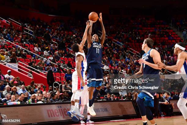 Jamal Crawford of the Minnesota Timberwolves shoots the ball against the Detroit Pistons on October 25, 2017 at Little Caesars Arena in Detroit,...
