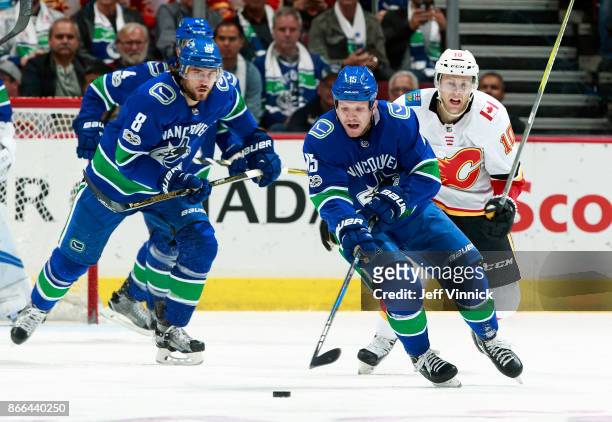 Derek Dorsett of the Vancouver Canucks skates up ice during their NHL game against the Calgary Flames at Rogers Arena October 14, 2017 in Vancouver,...