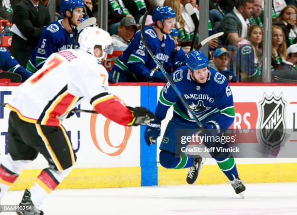 Derek Dorsett of the Vancouver Canucks skates up ice during their NHL game against the Calgary Flames at Rogers Arena October 14, 2017 in Vancouver,...