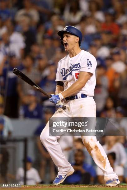 Corey Seager of the Los Angeles Dodgers celebrates after hitting a two-run home run during the sixth inning against the Houston Astros in game two of...