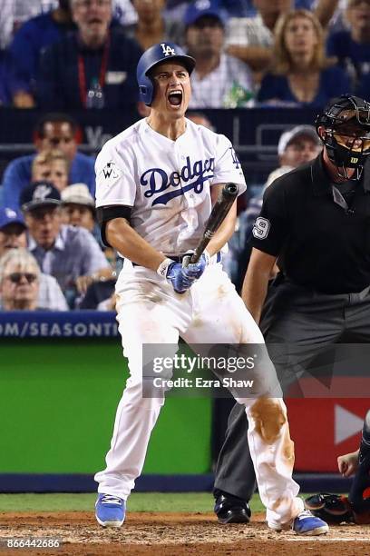 Corey Seager of the Los Angeles Dodgers celebrates after hitting a two-run home run during the sixth inning against the Houston Astros in game two of...