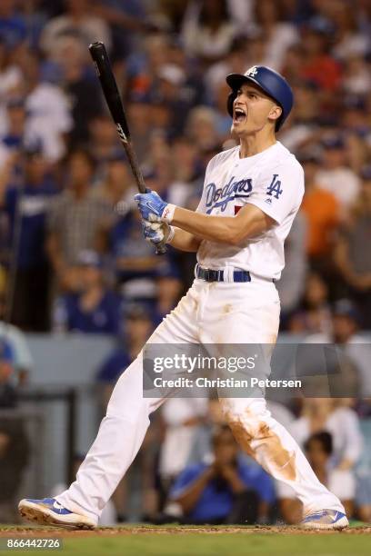 Corey Seager of the Los Angeles Dodgers celebrates after hitting a two-run home run during the sixth inning against the Houston Astros in game two of...