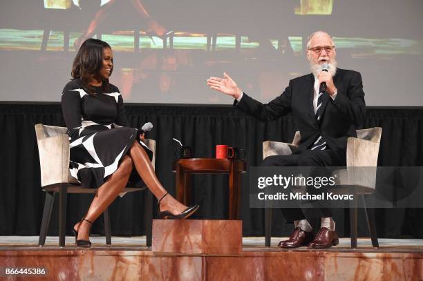 Michelle Obama and David Letterman speak onstage The Streicker Center hosts a Special Evening with Former First Lady Michelle Obama at The Streicker...