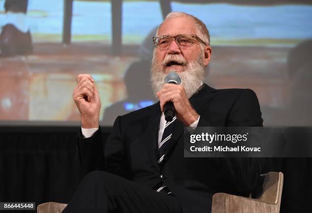 David Letterman speaks onstage as The Streicker Center hosts a Special Evening with Former First Lady Michelle Obama at The Streicker Center on...