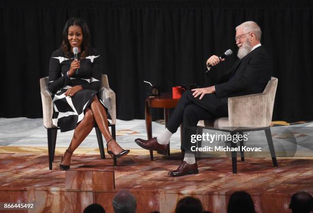 Michelle Obama and David Letterman speak onstage The Streicker Center hosts a Special Evening with Former First Lady Michelle Obama at The Streicker...