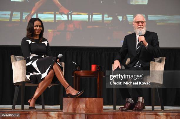 Michelle Obama and David Letterman speak onstage The Streicker Center hosts a Special Evening with Former First Lady Michelle Obama at The Streicker...