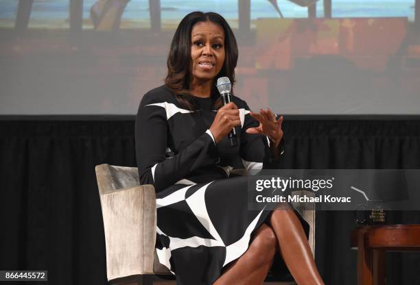 Michelle Obama speaks onstage as The Streicker Center hosts a Special Evening with Former First Lady Michelle Obama at The Streicker Center on...