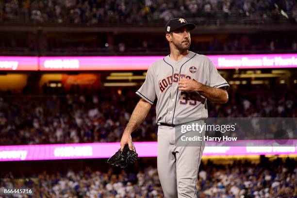 Justin Verlander of the Houston Astros walks to the dugout after pitching the sixth inning against the Los Angeles Dodgers in game two of the 2017...