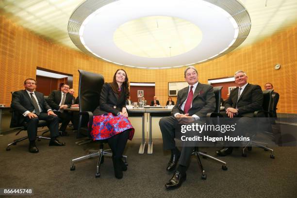 Prime Minister Jacinda Ardern and deputy Winston Peters pose during a cabinet meeting at Parliament on October 26, 2017 in Wellington, New Zealand....