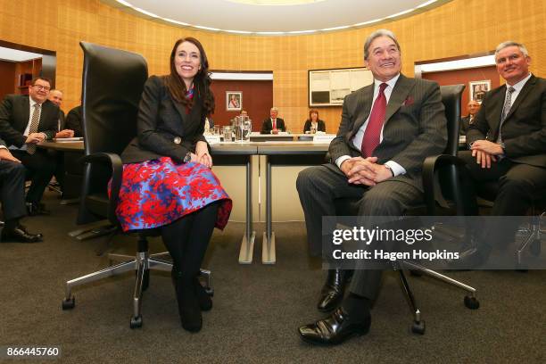 Prime Minister Jacinda Ardern and deputy Winston Peters pose during a cabinet meeting at Parliament on October 26, 2017 in Wellington, New Zealand....