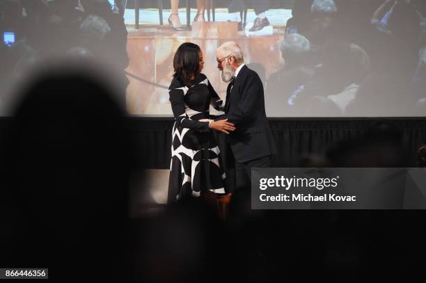 Michelle Obama and David Letterman speak onstage as The Streicker Center hosts a Special Evening with Former First Lady Michelle Obama at The...