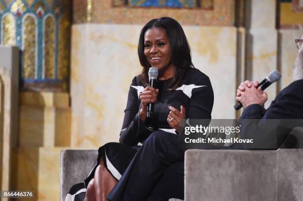Michelle Obama and David Letterman speak onstage as The Streicker Center hosts a Special Evening with Former First Lady Michelle Obama at The...