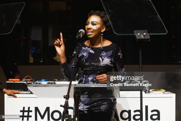 Opal Tometi accepts the Social Justice Advocacy Award onstage during the MoCADA 3rd Annual Masquerade Ball at Brooklyn Academy of Music on October...