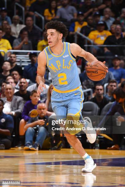 Lonzo Ball of the Los Angeles Lakers handles the ball against the Washington Wizards on October 25, 2017 at STAPLES Center in Los Angeles,...