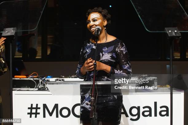 Opal Tometi accepts the Social Justice Advocacy Award onstage during the MoCADA 3rd Annual Masquerade Ball at Brooklyn Academy of Music on October...