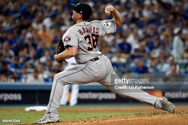 Will Harris of the Houston Astros pitches during Game 2 of the 2017 World Series against the Los Angeles Dodgers at Dodger Stadium on Wednesday,...