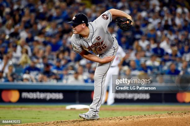 Will Harris of the Houston Astros pitches during Game 2 of the 2017 World Series against the Los Angeles Dodgers at Dodger Stadium on Wednesday,...