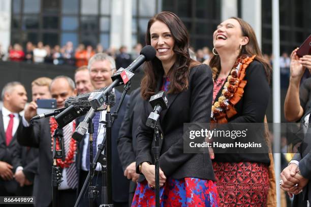 Prime Minister Jacinda Ardern makes a speech upon her arrival at Parliament after a swearing-in ceremony at Government House on October 26, 2017 in...