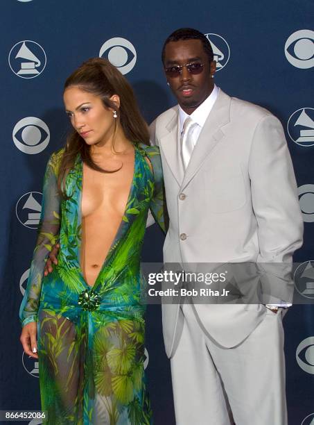 Singer Jennifer Lopez and Sean Puffy Combs backstage at the 42nd Annual Grammy Awards, February 23, 2000 in Los Angeles, California.