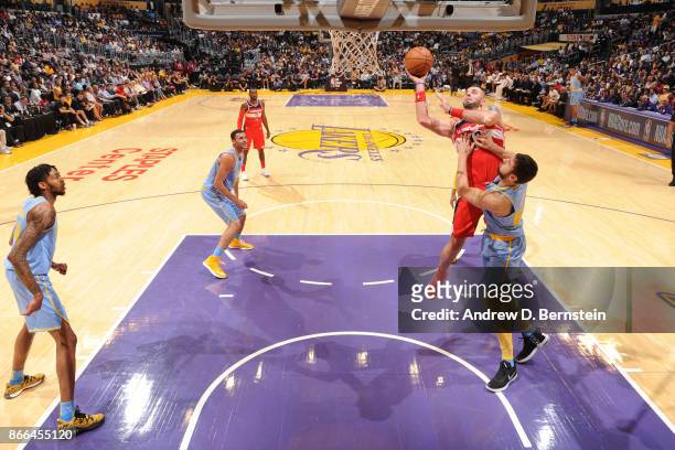 Marcin Gortat of the Washington Wizards shoots the ball against the Los Angeles Lakers on October 25, 2017 at STAPLES Center in Los Angeles,...