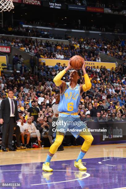 Jordan Clarkson of the Los Angeles Lakers shoots the ball against the Washington Wizards on October 25, 2017 at STAPLES Center in Los Angeles,...