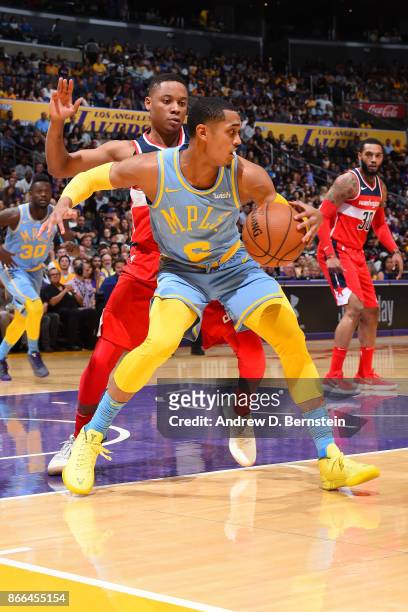 Jordan Clarkson of the Los Angeles Lakers handles the ball against the Washington Wizards on October 25, 2017 at STAPLES Center in Los Angeles,...