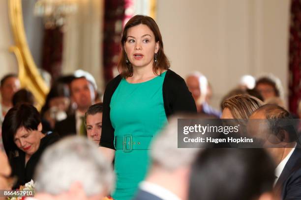 Green MP Julie Anne Genter takes an oath during a swearing-in ceremony at Government House on October 26, 2017 in Wellington, New Zealand. After...