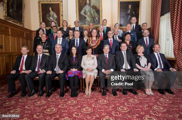 Dame Patsy Reddy, Governor-General of New Zealand, Prime Minister Jacinda Ardern, Deputy Prime Minister Winston Peters, & Ministers pose during a...