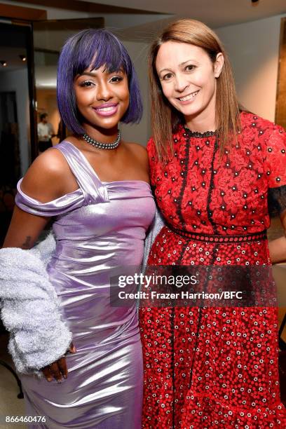 Justine Skye and Chief Executive of the British Fashion Council Caroline Rush attend The Fashion Awards 2017 nominees cocktail reception at...