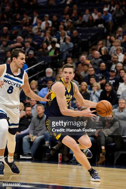 Leaf of the Indiana Pacers drives to the basket against Nemanja Bjelica of the Minnesota Timberwolves during the game on October 24, 2017 at the...