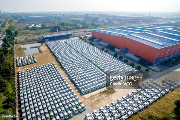 Aerial view of electric cars lining up at Kandi Electric Vehicles Group Co., Ltd in Changxing County on October 24, 2017 in Huzhou, Zhejiang Province...
