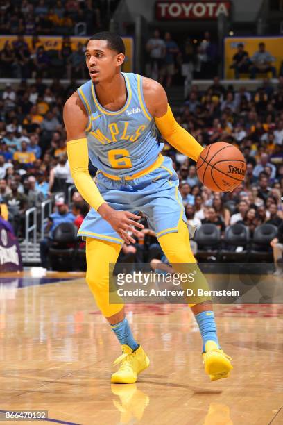 Jordan Clarkson of the Los Angeles Lakers handles the ball against the Washington Wizards on October 25, 2017 at STAPLES Center in Los Angeles,...