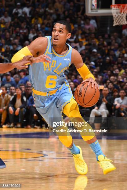 Jordan Clarkson of the Los Angeles Lakers handles the ball against the Washington Wizards on October 25, 2017 at STAPLES Center in Los Angeles,...