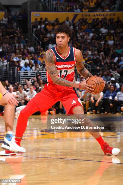Kelly Oubre Jr. #12 of the Washington Wizards handles the ball against the Los Angeles Lakers on October 25, 2017 at STAPLES Center in Los Angeles,...