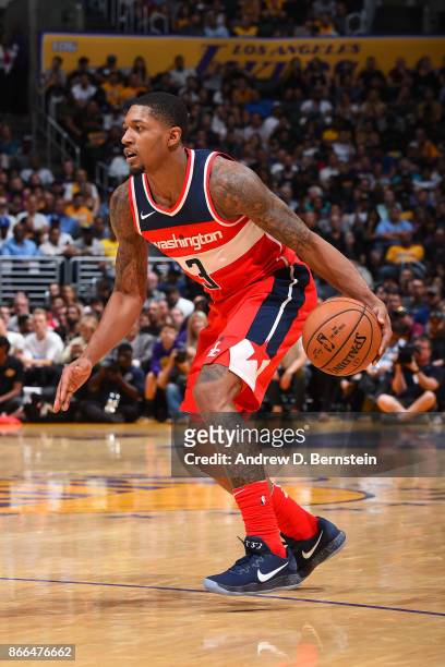 Bradley Beal of the Washington Wizards handles the ball against the Los Angeles Lakers on October 25, 2017 at STAPLES Center in Los Angeles,...