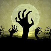 Zombi hands in Halloween night on the moon background