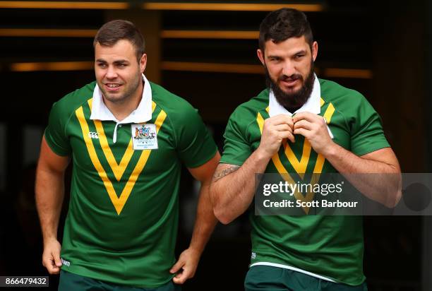 Wade Graham and Matt Gillett of the Kangaroos look on during an Australian Kangaroos training session on October 26, 2017 in Melbourne, Australia.