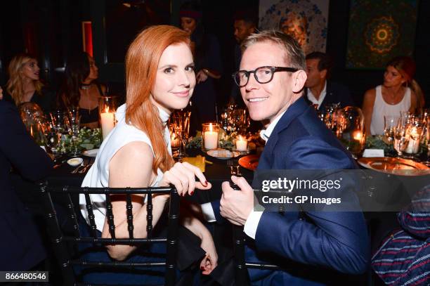 Sarah Rafferty and Santtu Seppala attend the Moncler dinner in celebration of the boutique grand opening on October 25, 2017 in Toronto, Canada.