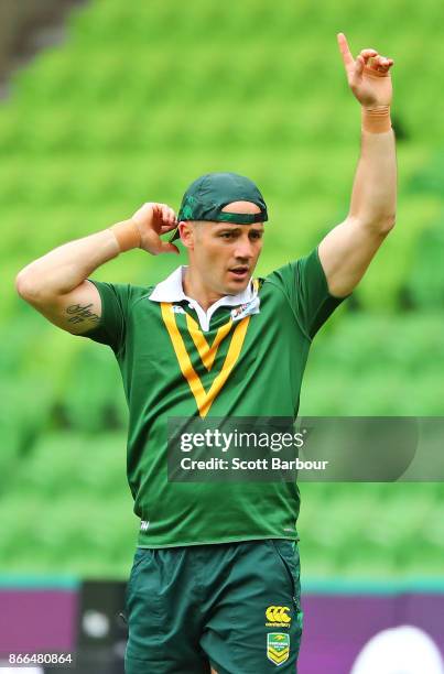 Cooper Cronk of the Kangaroos gestures during an Australian Kangaroos training session on October 26, 2017 in Melbourne, Australia.