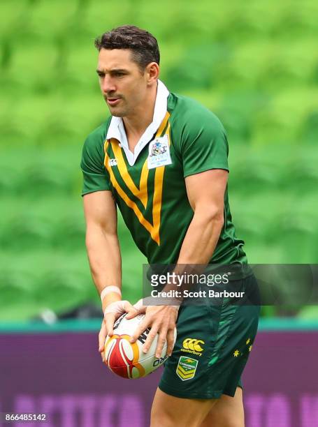 Billy Slater of the Kangaroos runs with the ball during an Australian Kangaroos training session on October 26, 2017 in Melbourne, Australia.