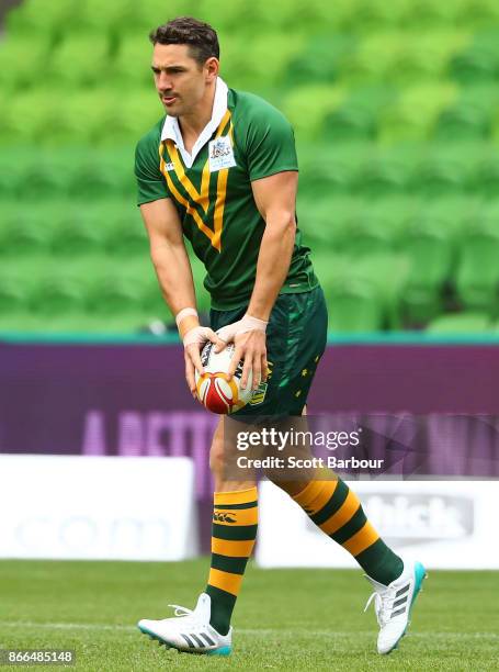 Billy Slater of the Kangaroos runs with the ball during an Australian Kangaroos training session on October 26, 2017 in Melbourne, Australia.